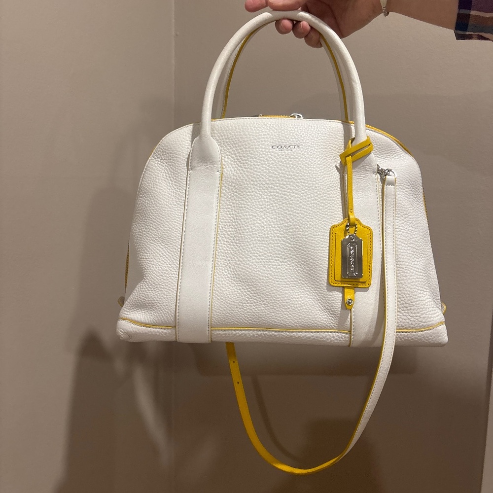 White and Yellow Leather Coach Bag